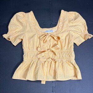 Callie Mac Yellow Striped Peplum Blouse With Puff Sleeves & Bow Details - Size M